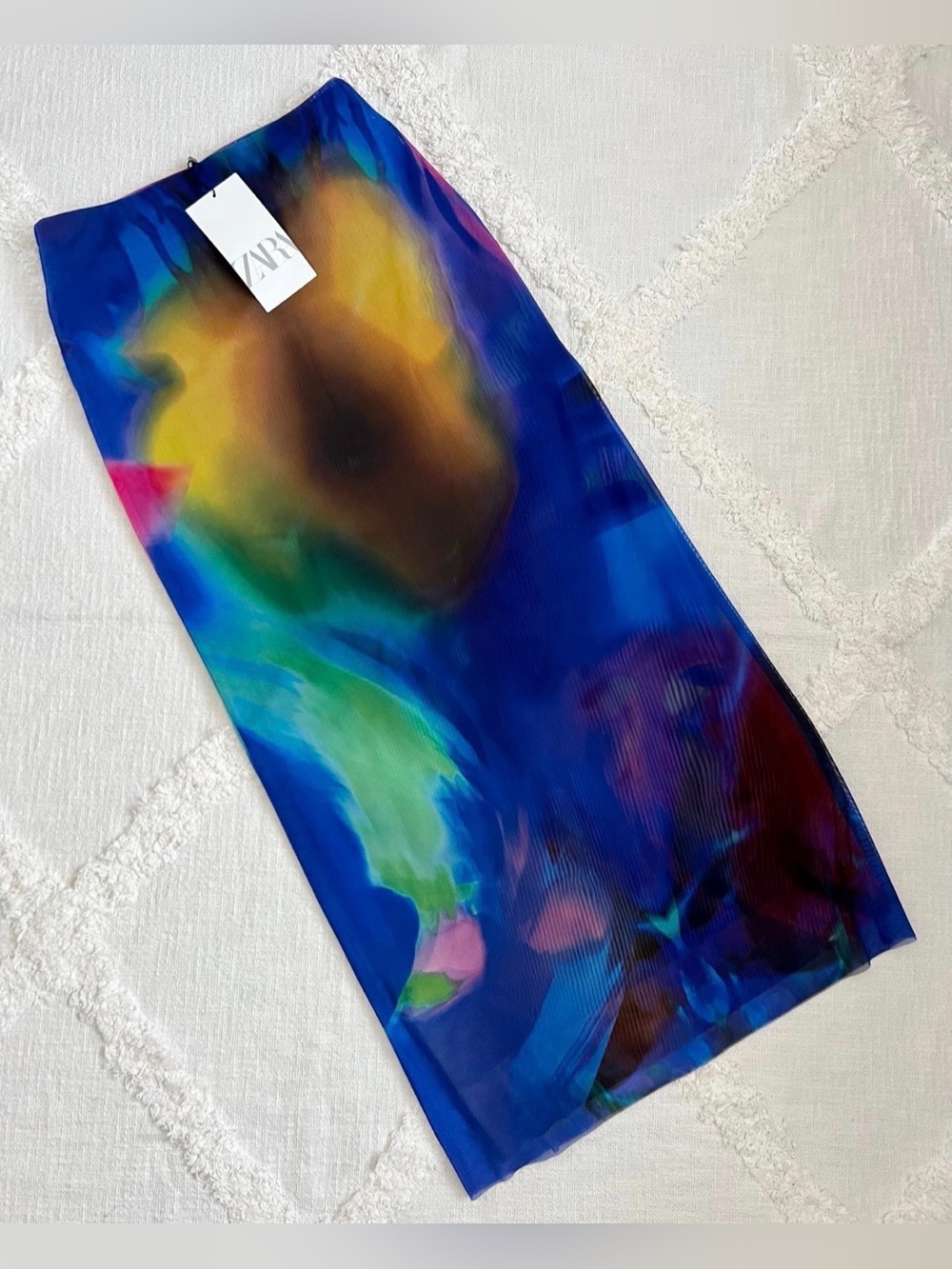 Zara Blue Abstract Print Midi Skirt with Multicolor Accents